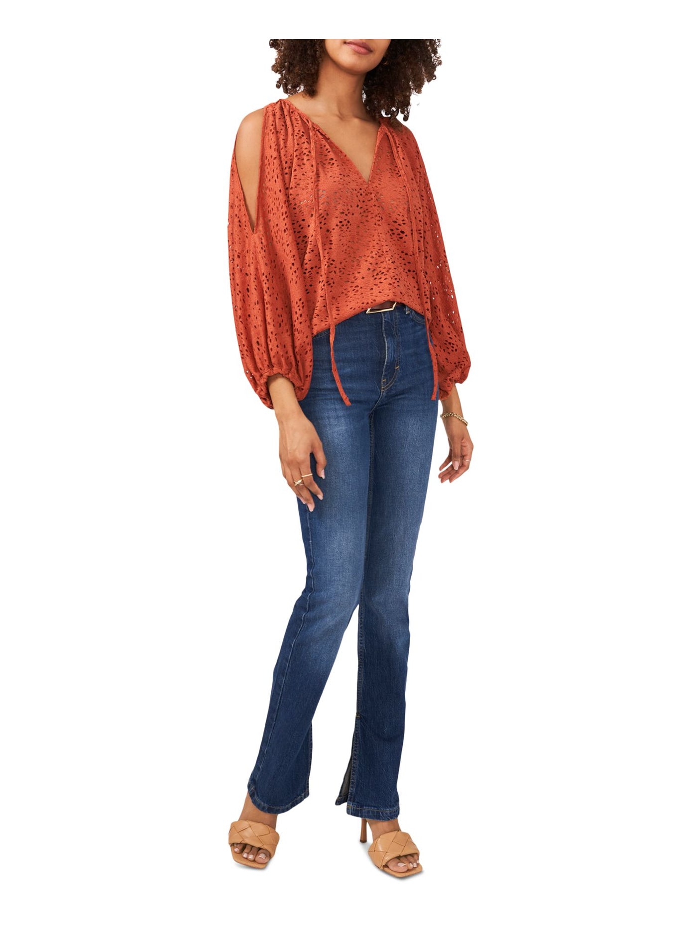 VINCE CAMUTO Womens Orange Tie Cold Shoulder Pullover Semi-sheer Unlined 3/4 Sleeve V Neck Top XS