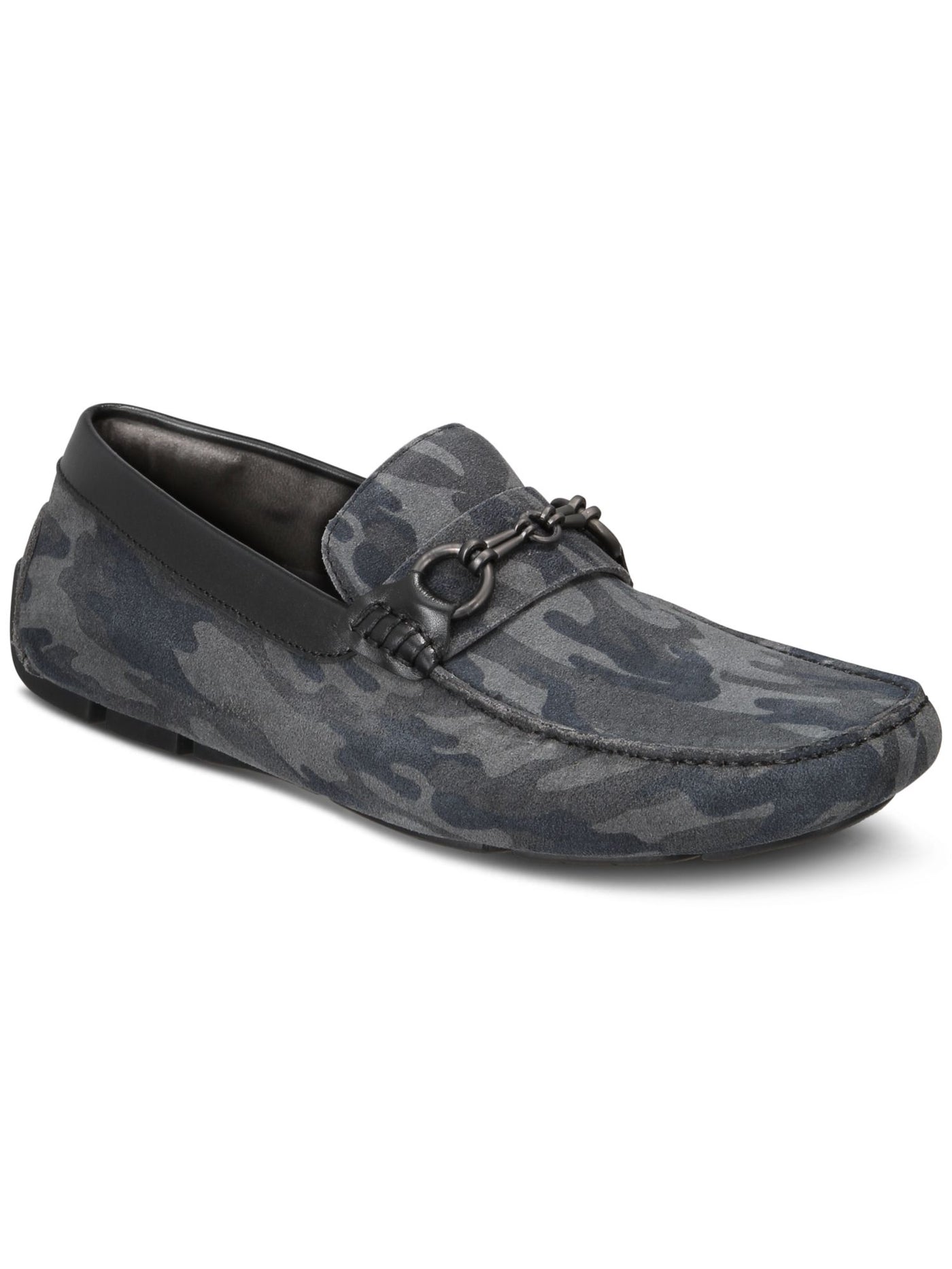 KENNETH COLE NEW YORK Mens Black Camo Gray Camouflage Bit Detail Hardware Topstitch Cushioned Removable Insole Theme Square Toe Slip On Leather Loafers Shoes 10.5