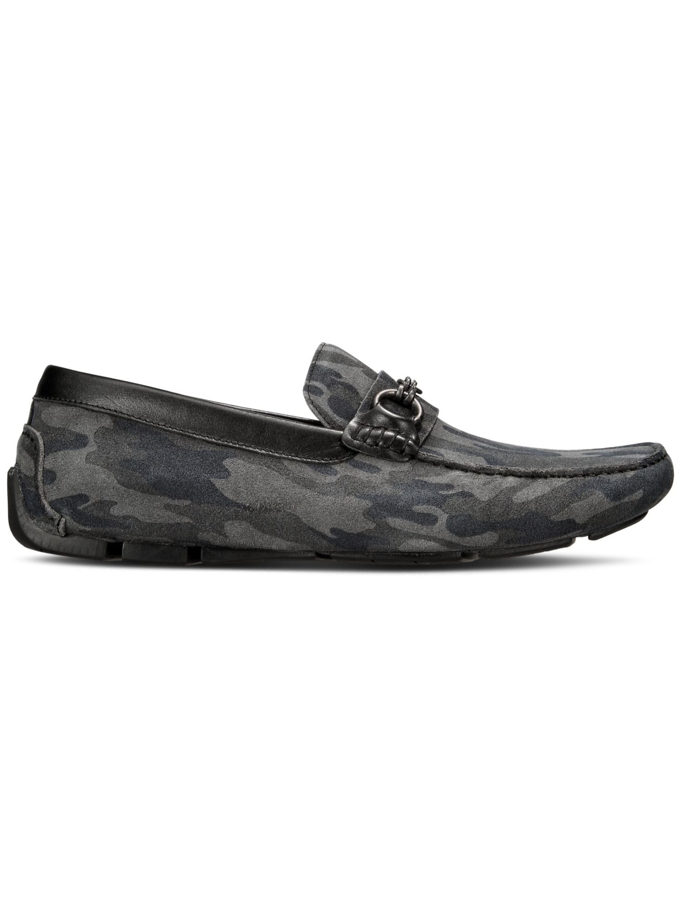 KENNETH COLE NEW YORK Mens Black Camo Gray Camouflage Bit Detail Hardware Topstitch Cushioned Removable Insole Theme Square Toe Slip On Leather Loafers Shoes 10.5