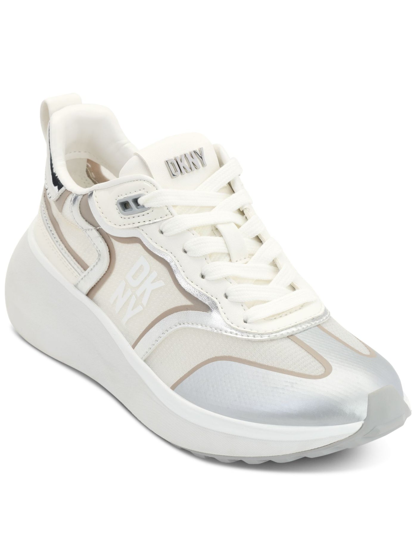 DKNY Womens White Mixed Media Heel Pull-Tab Logo Hardware On Tongue Padded Metallic Aki Round Toe Wedge Lace-Up Sneakers Shoes 9.5