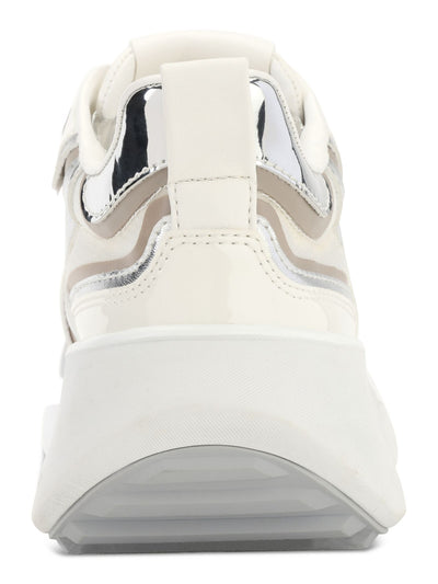 DKNY Womens White Mixed Media Heel Pull-Tab Logo Hardware On Tongue Padded Metallic Aki Round Toe Wedge Lace-Up Sneakers Shoes 9.5