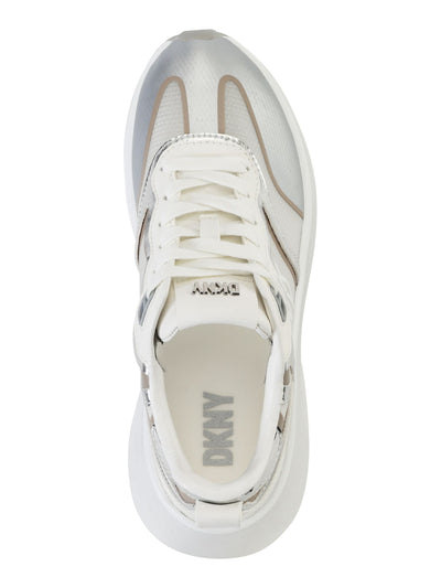 DKNY Womens White Mixed Media Heel Pull-Tab Logo Hardware On Tongue Padded Metallic Aki Round Toe Wedge Lace-Up Sneakers Shoes 9.5