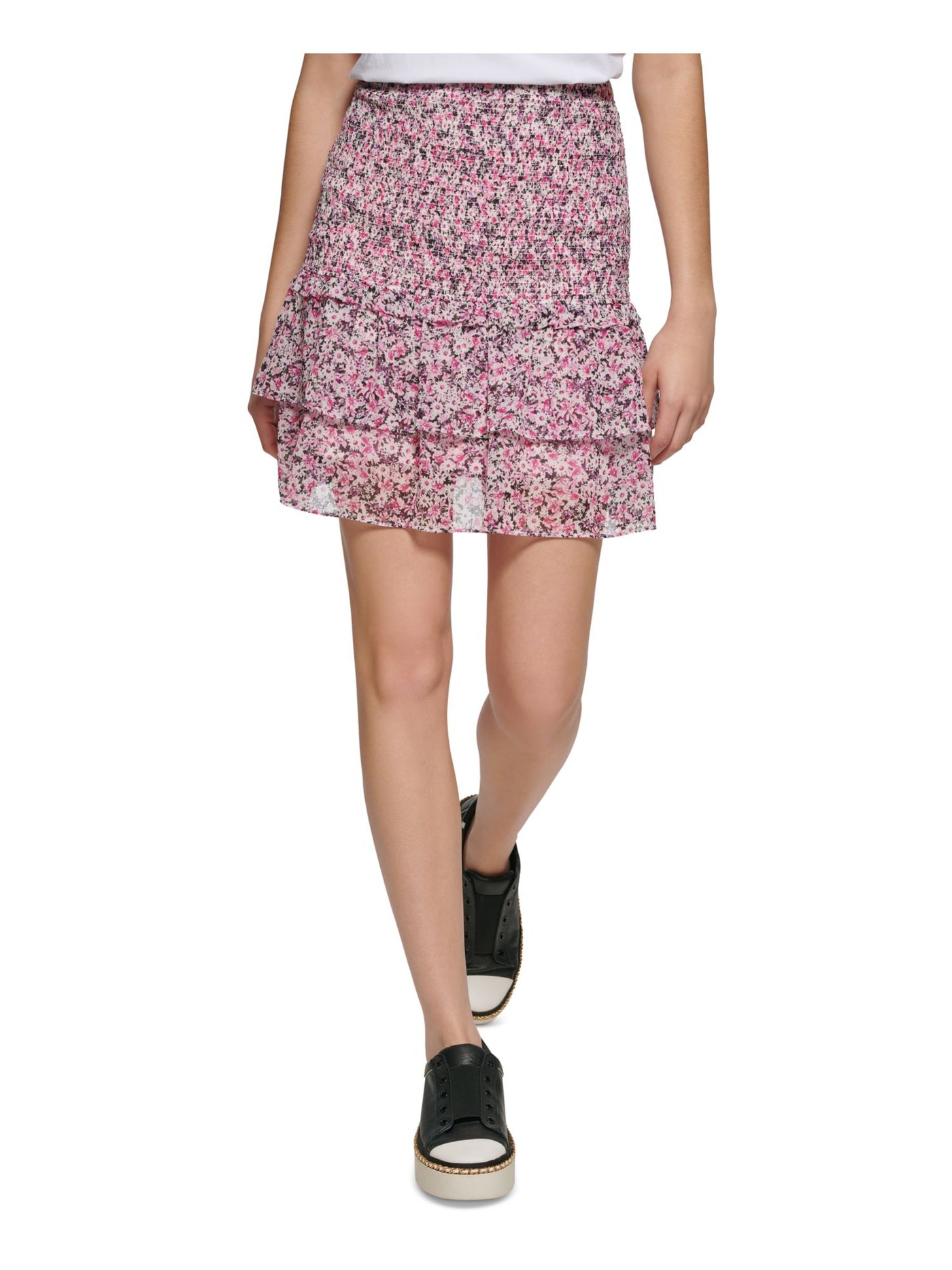 KARL LAGERFELD PARIS Womens Pink Smocked Lined Floral Short Ruffled Skirt S