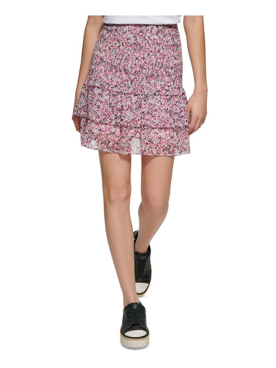 KARL LAGERFELD PARIS Womens Pink Smocked Lined Floral Short Ruffled Skirt XS