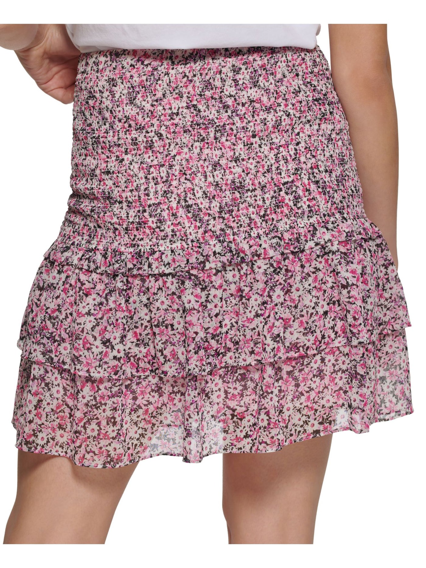 KARL LAGERFELD PARIS Womens Pink Smocked Lined Floral Short Ruffled Skirt XS