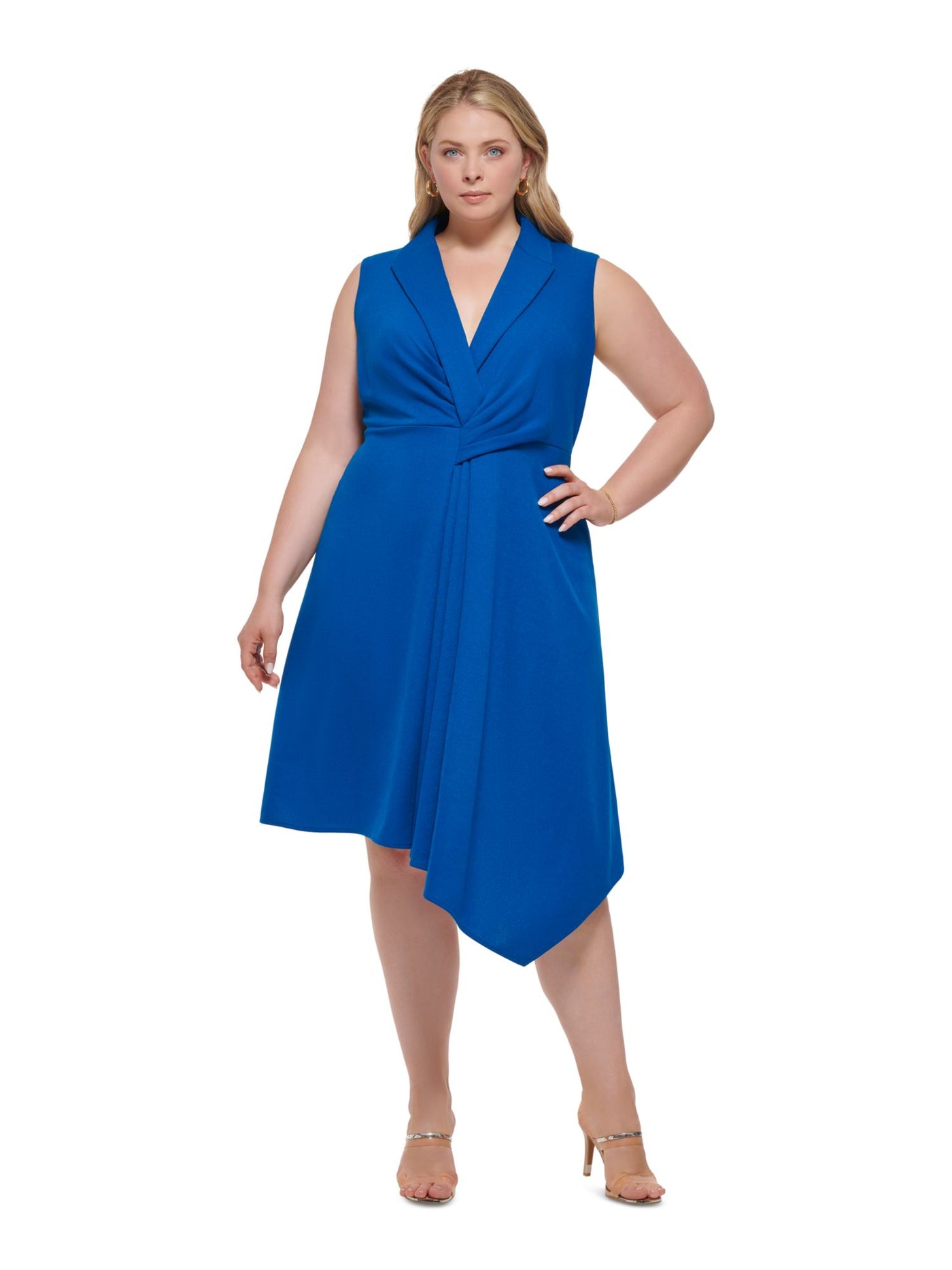 DKNY Womens Blue Zippered Textured Asymmetrical Hem Pleated Sleeveless V Neck Midi Wear To Work Fit + Flare Dress Plus 14W