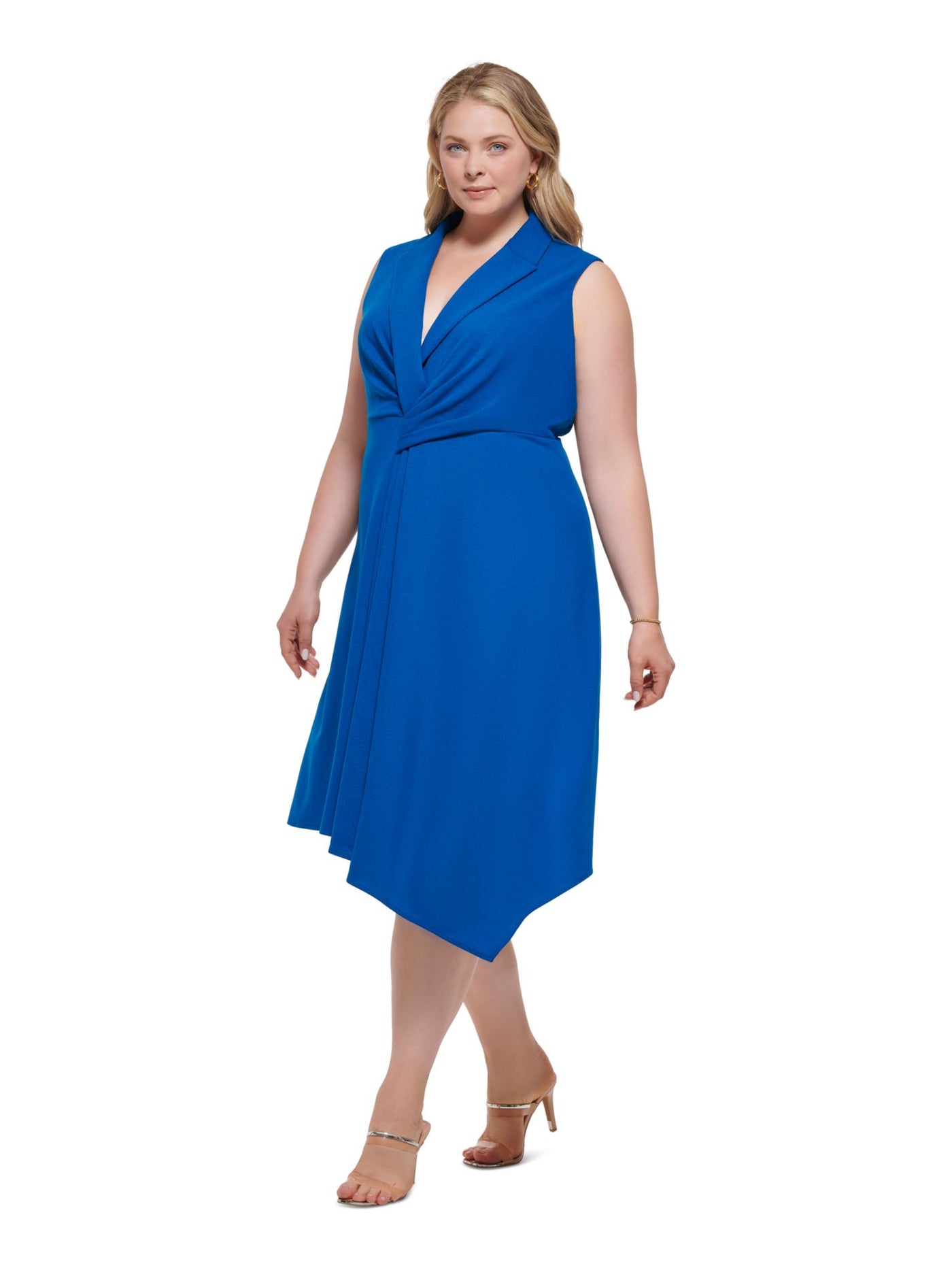 DKNY Womens Blue Zippered Textured Asymmetrical Hem Pleated Sleeveless V Neck Midi Wear To Work Fit + Flare Dress Plus 14W