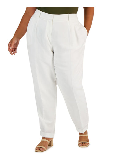 CALVIN KLEIN Womens White Pocketed Zippered Hook And Bar Closure Pleated Wear To Work Straight leg Pants Plus 18W