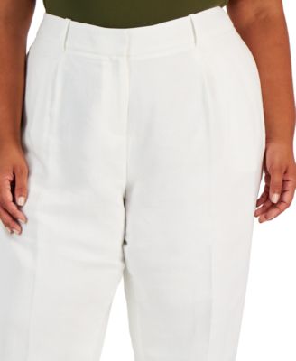 CALVIN KLEIN Womens White Pocketed Zippered Hook And Bar Closure Pleated Wear To Work Straight leg Pants