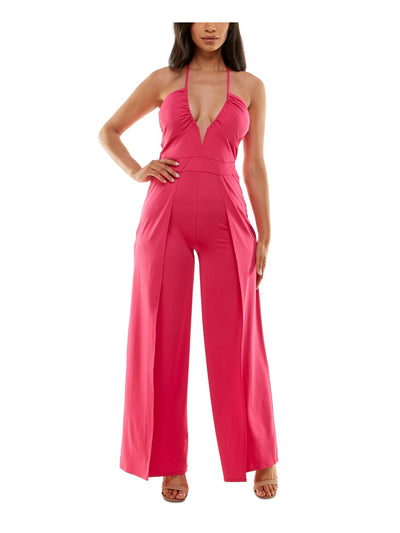 BEBE Womens Pink Slitted V Wire Tie Pull On Strappy Spaghetti Strap Halter Cocktail Wide Leg Jumpsuit  XS