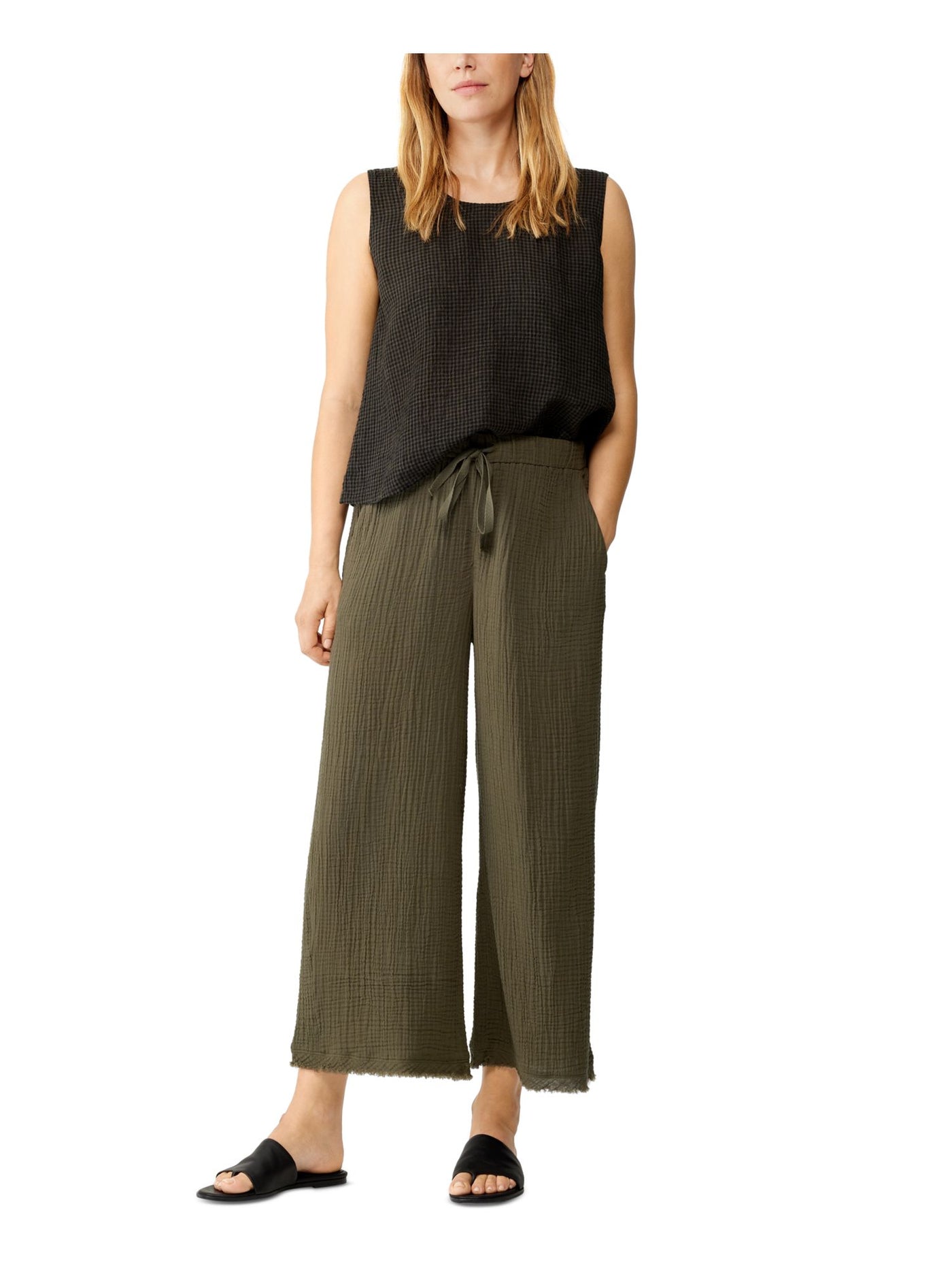 EILEEN FISHER Womens Green Textured Unlined Elastic Waist Drawstring Pull On Wide Leg Pants Petites PP