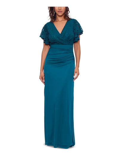 B&A  BY BETSY & ADAM Womens Teal Zippered Lined Ruched Sheer Ruffled Flutter Sleeve V Neck Full-Length Formal Gown Dress Petites 4P