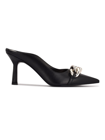 NINE WEST Womens Black Chain Hardware Padded Sauci Pointed Toe Flare Slip On Dress Heeled Mules Shoes 10.5 M