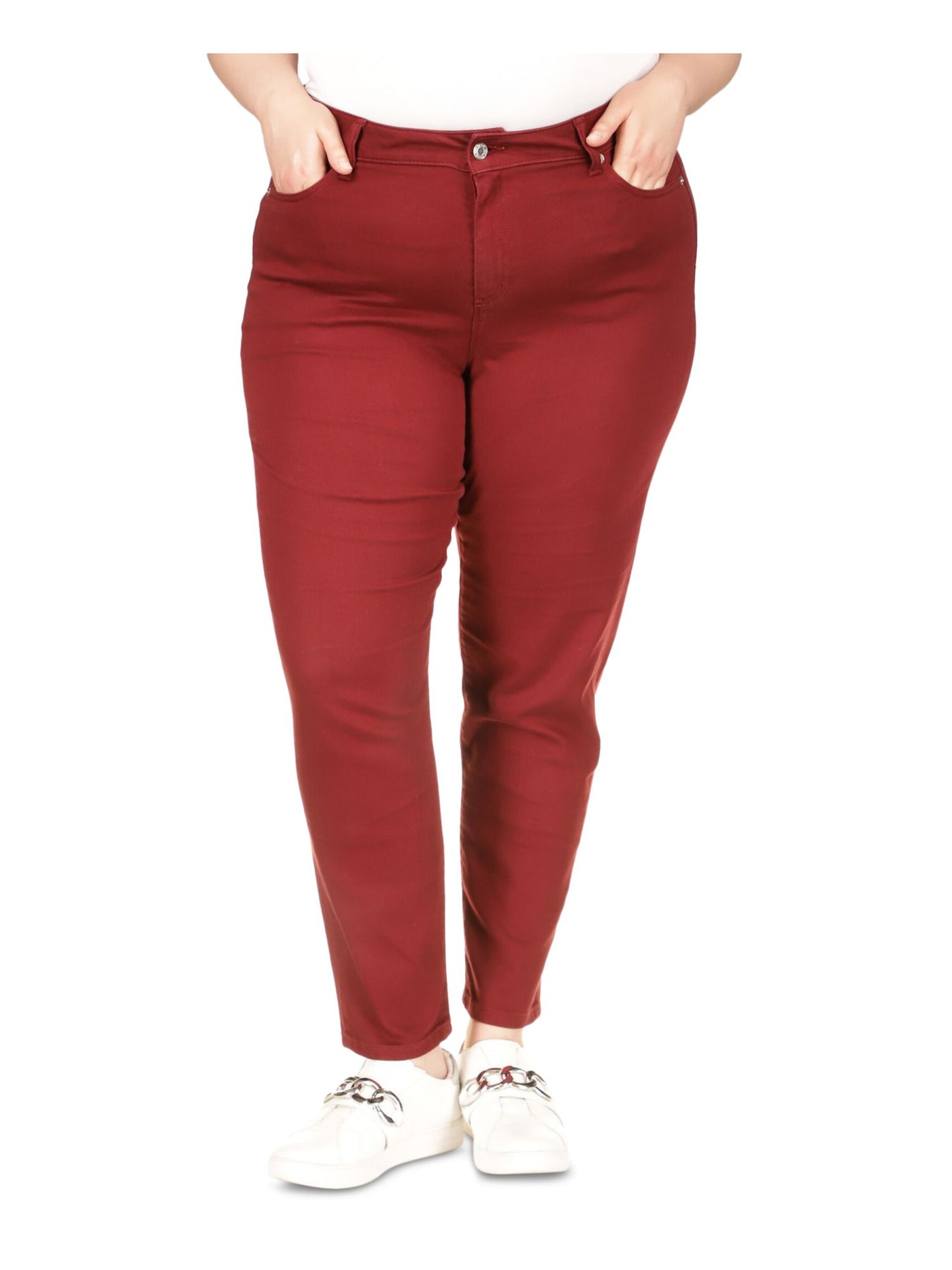 MICHAEL KORS Womens Red Stretch Pocketed Zippered Button Front High Waisted Skinny Jeans Plus 20W