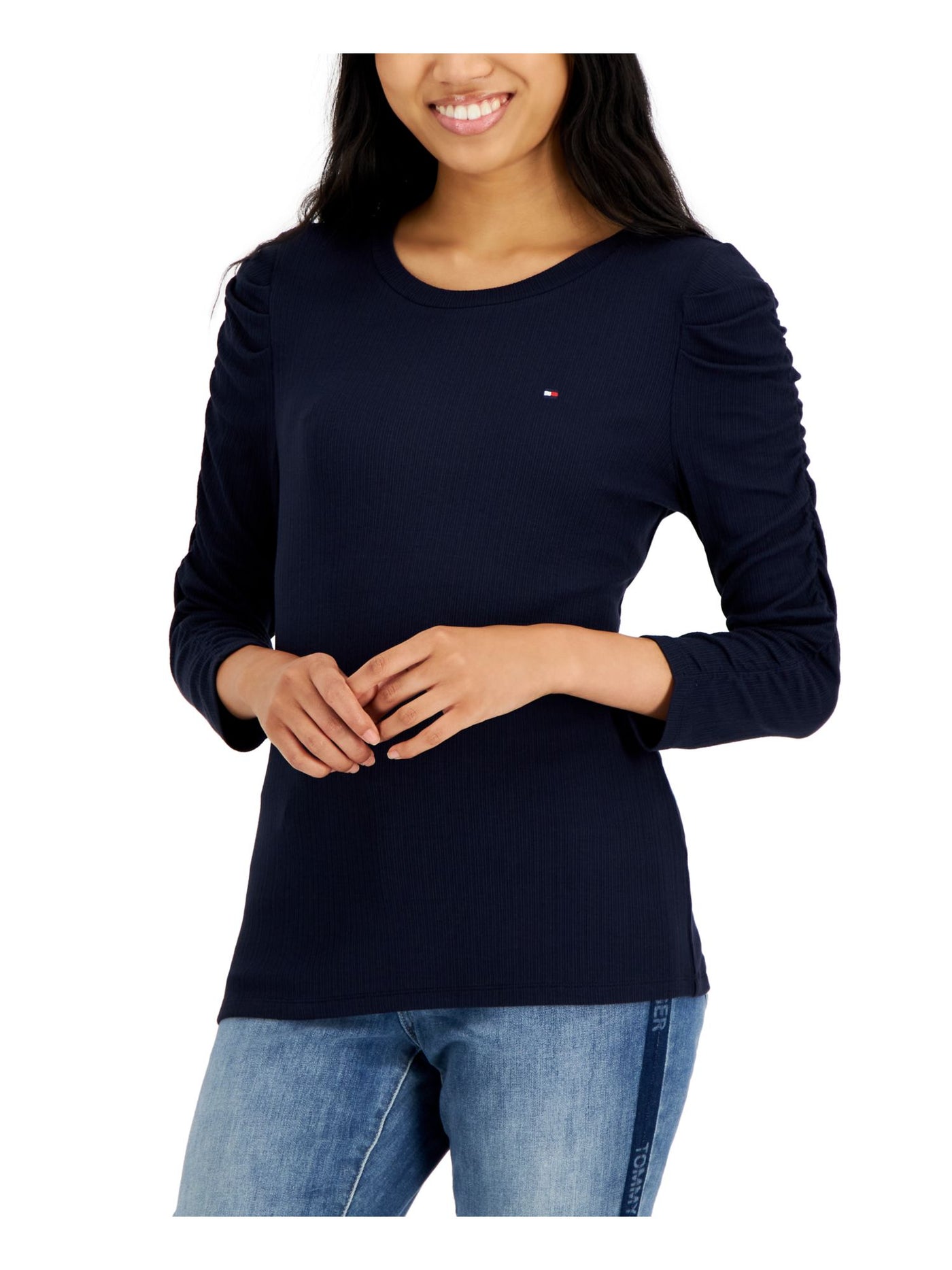 TOMMY HILFIGER Womens Navy Ruched Ribbed Embroidered Logo 3/4 Sleeve Crew Neck Top S\P