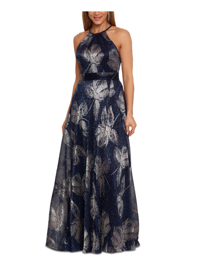 BETSY & ADAM Womens Blue Zippered Metallic Slitted Lined Cinched Waist Floral Sleeveless Halter Full-Length Party Gown Dress 10