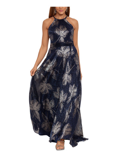 BETSY & ADAM Womens Blue Zippered Metallic Slitted Lined Cinched Waist Floral Sleeveless Halter Full-Length Party Gown Dress 10
