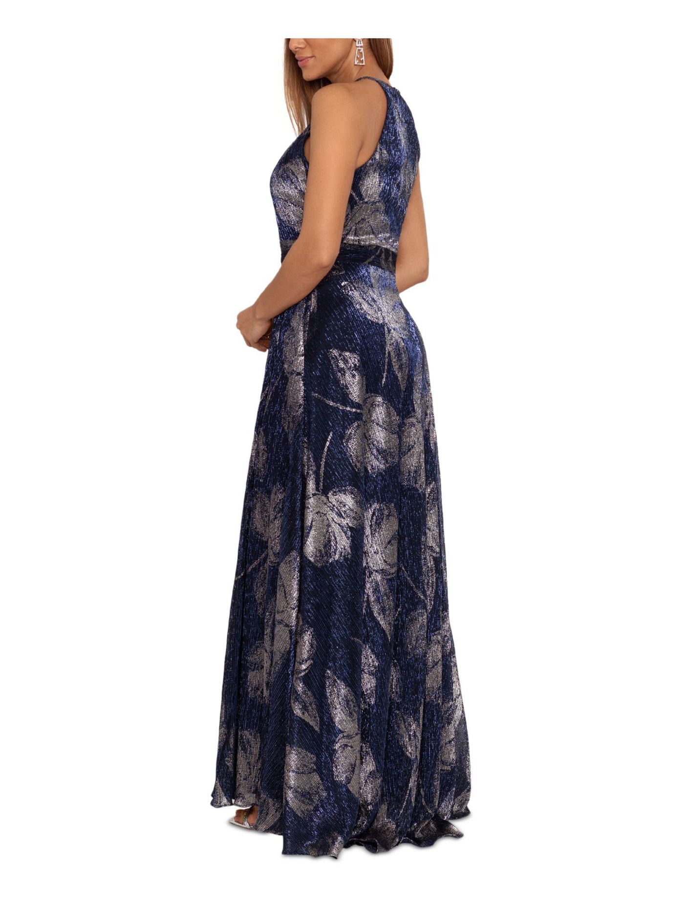 BETSY & ADAM Womens Blue Zippered Metallic Slitted Lined Cinched Waist Floral Sleeveless Halter Full-Length Party Gown Dress 10