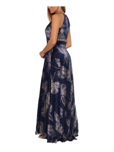 BETSY & ADAM Womens Blue Zippered Metallic Slitted Lined Cinched Waist Floral Sleeveless Halter Full-Length Party Gown Dress 10