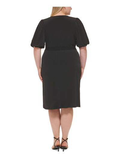 CALVIN KLEIN Womens Black Belted Elbow Sleeve Surplice Neckline Midi Wear To Work Faux Wrap Dress Plus 22W