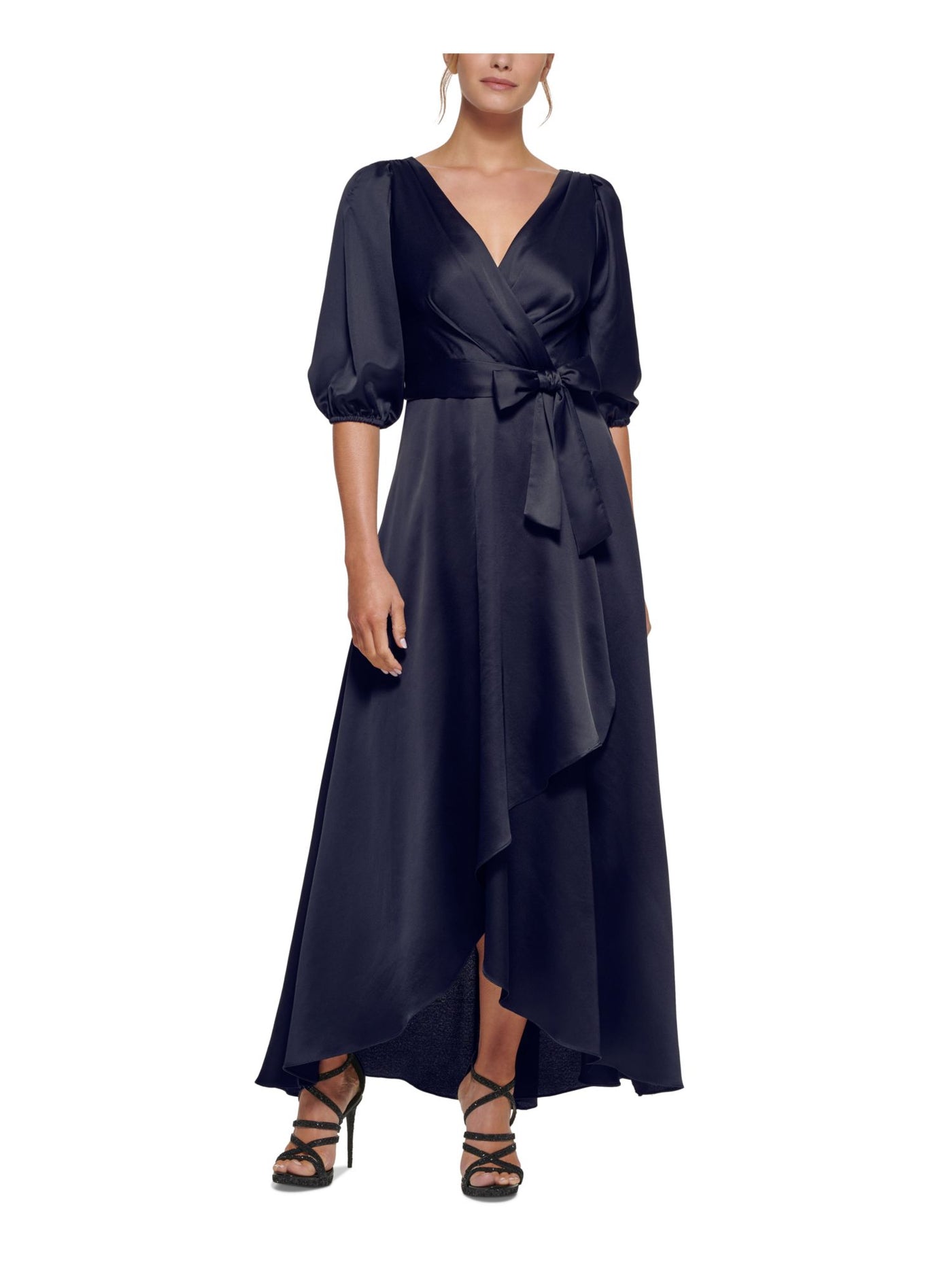 DKNY Womens Navy Zippered Gathered Tulip Hem Tie Waist Lined Balloon Sleeve Surplice Neckline Full-Length Evening Faux Wrap Dress 6