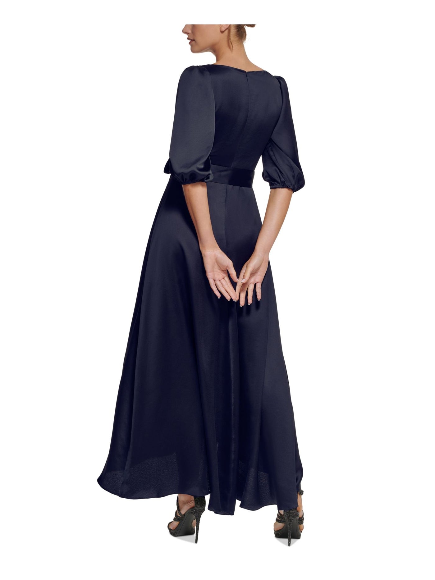 DKNY Womens Navy Zippered Gathered Tulip Hem Tie Waist Lined Balloon Sleeve Surplice Neckline Full-Length Evening Faux Wrap Dress 6