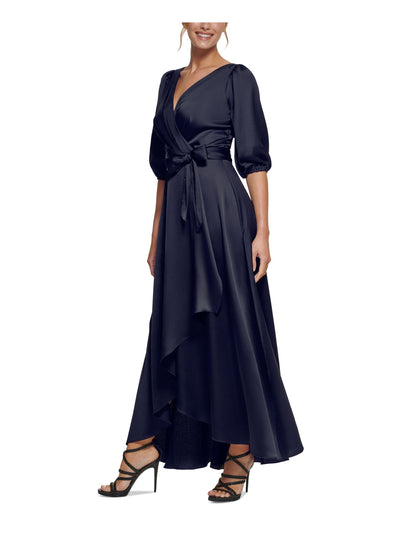 DKNY Womens Navy Zippered Gathered Tulip Hem Tie Waist Lined Balloon Sleeve Surplice Neckline Full-Length Evening Faux Wrap Dress 6