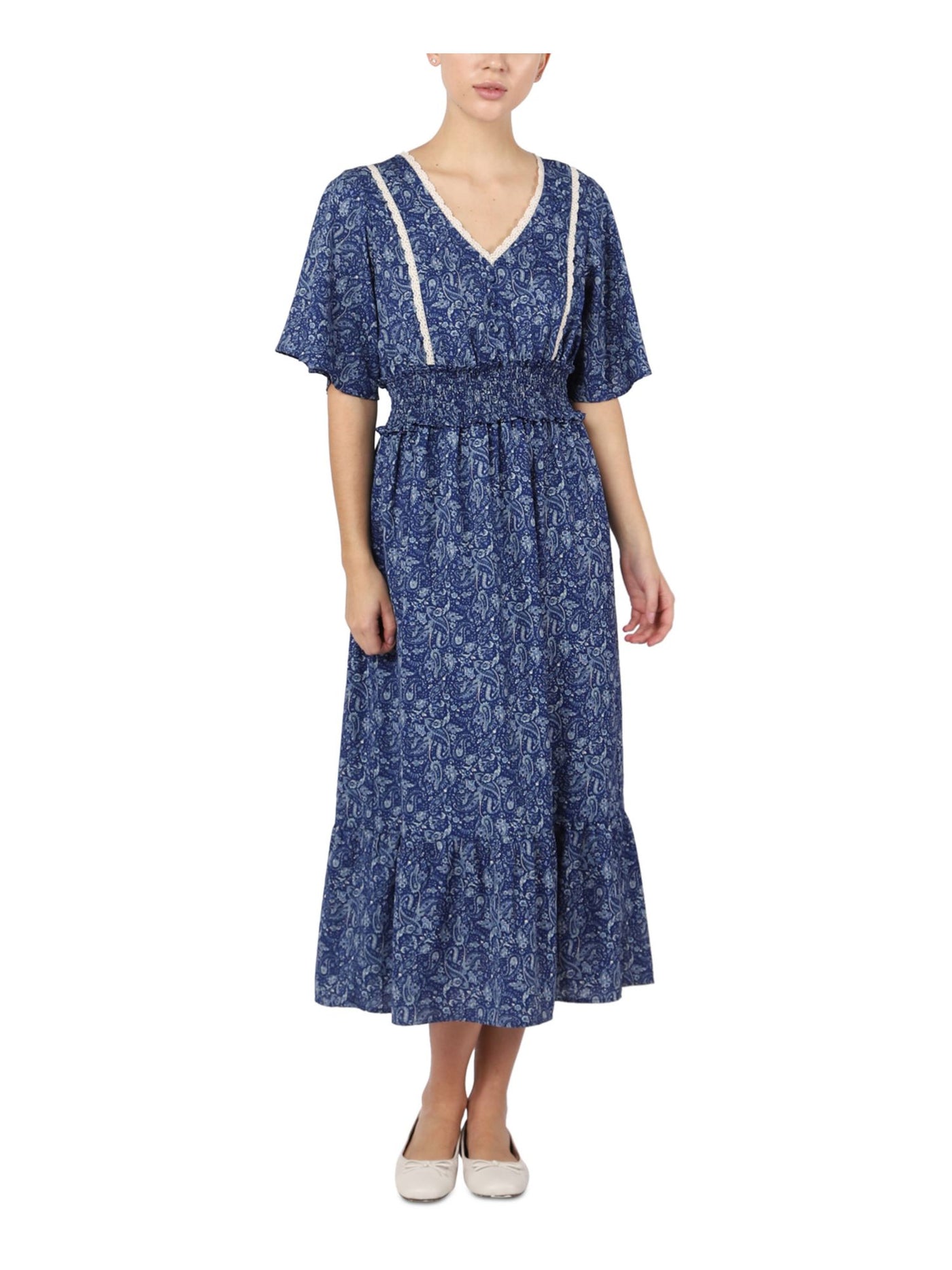 BLACK TAPE Womens Blue Unlined Smocked Pullover Button Front Floral Flutter Sleeve V Neck Tea-Length Fit + Flare Dress XS