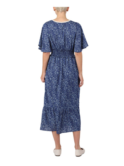 BLACK TAPE Womens Blue Unlined Smocked Pullover Button Front Floral Flutter Sleeve V Neck Tea-Length Fit + Flare Dress XS