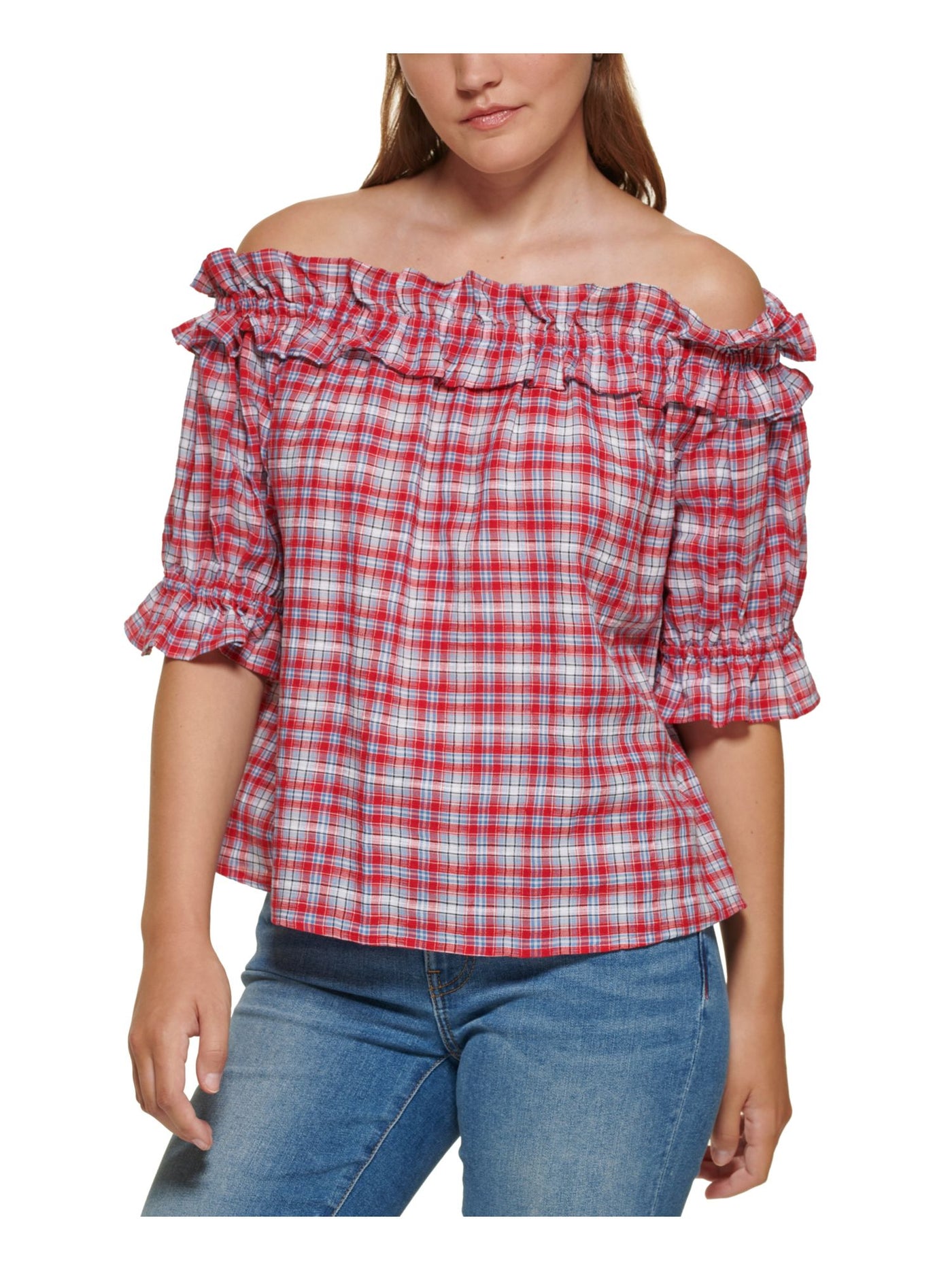 TOMMY HILFIGER Womens Red Ruffled Pullover Plaid Elbow Sleeve Off Shoulder Top XS