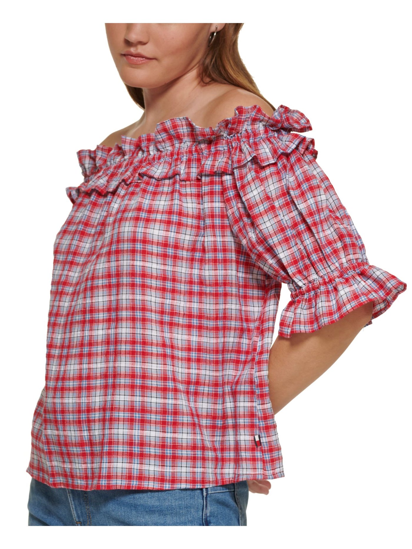 TOMMY HILFIGER Womens Red Ruffled Pullover Plaid Elbow Sleeve Off Shoulder Top L\G
