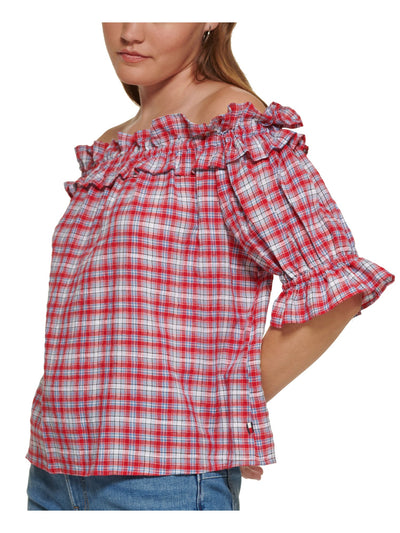TOMMY HILFIGER Womens Red Ruffled Pullover Plaid Elbow Sleeve Off Shoulder Top XL