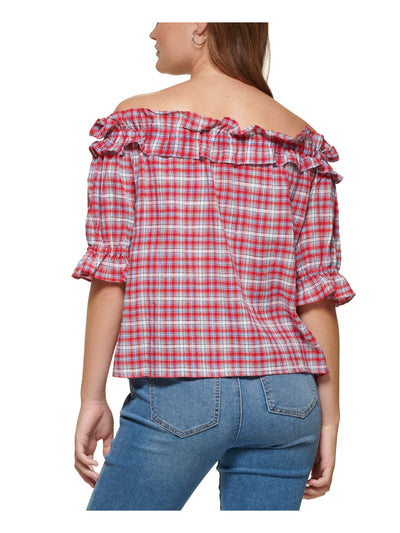 TOMMY HILFIGER Womens Red Ruffled Pullover Plaid Elbow Sleeve Off Shoulder Top XS