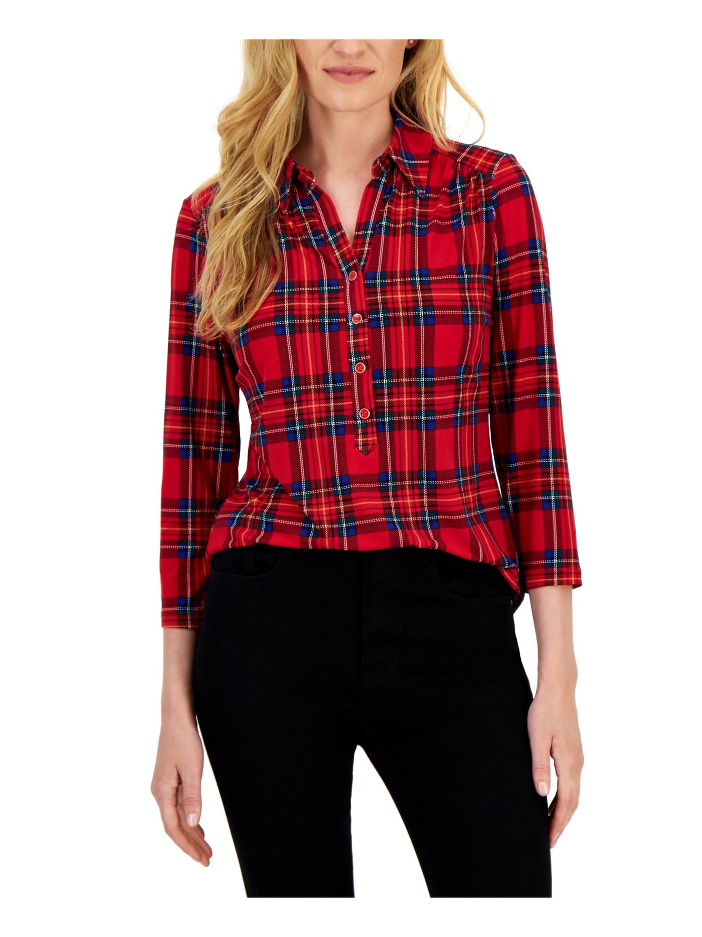 CHARTER CLUB Womens Red Stretch Plaid 3/4 Sleeve Collared Top S