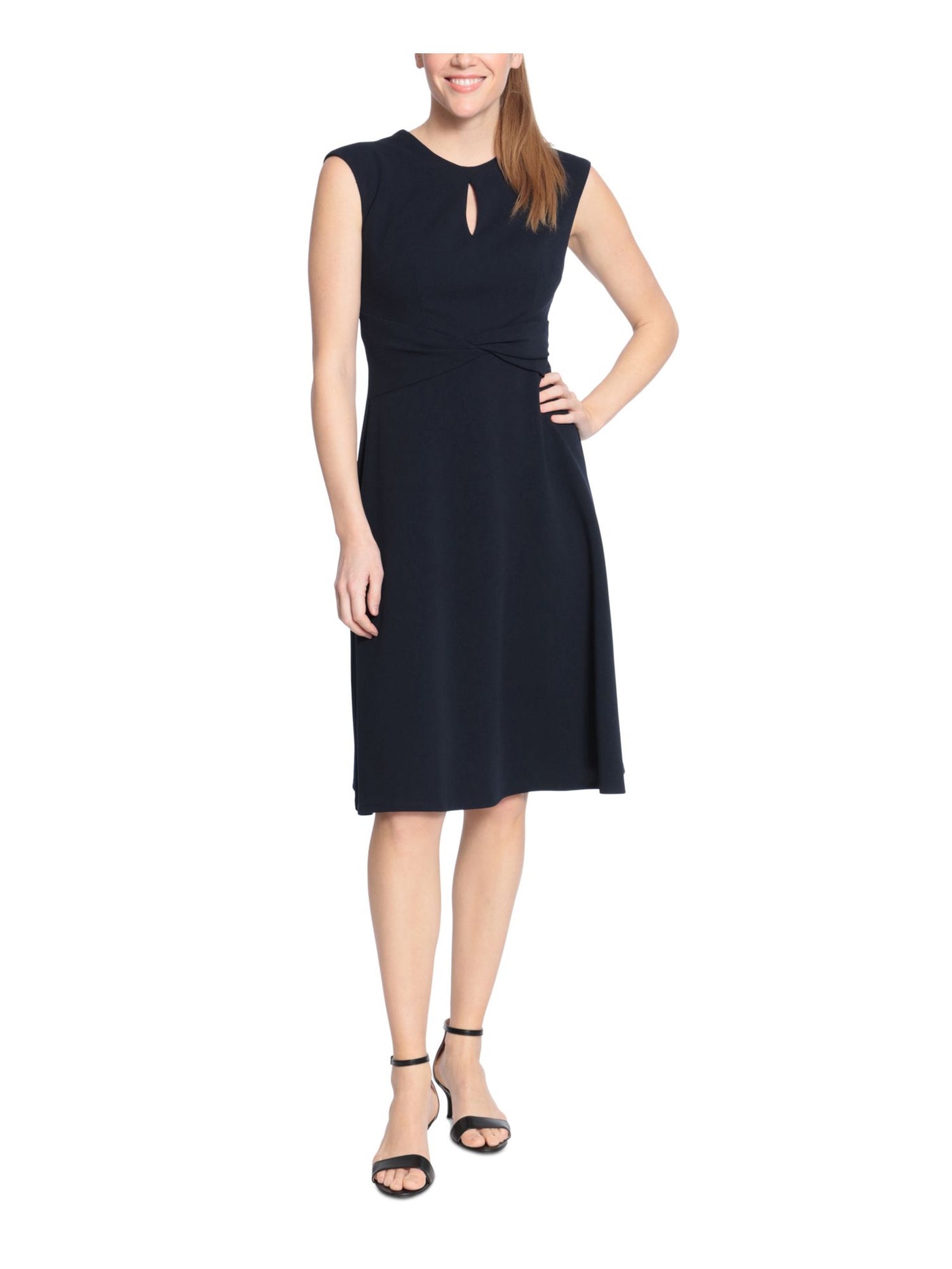 LONDON TIMES PETITES Womens Navy Zippered Cap Sleeve Keyhole Knee Length Wear To Work Fit + Flare Dress Petites 4P