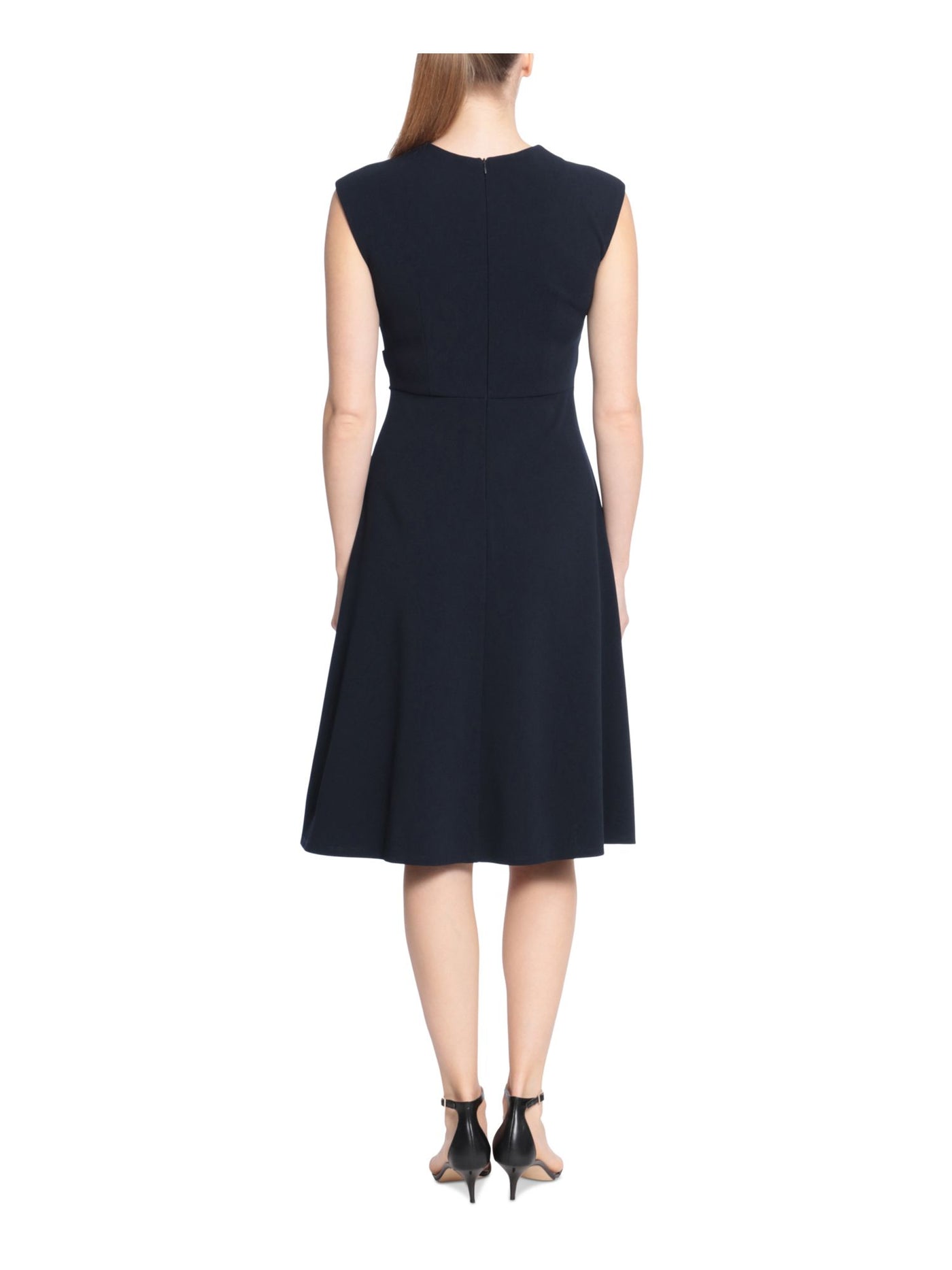 LONDON TIMES PETITES Womens Navy Zippered Cap Sleeve Keyhole Knee Length Wear To Work Fit + Flare Dress Petites 4P