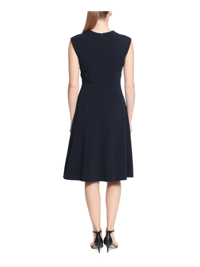 LONDON TIMES PETITES Womens Navy Zippered Cap Sleeve Keyhole Knee Length Wear To Work Fit + Flare Dress Petites 4P