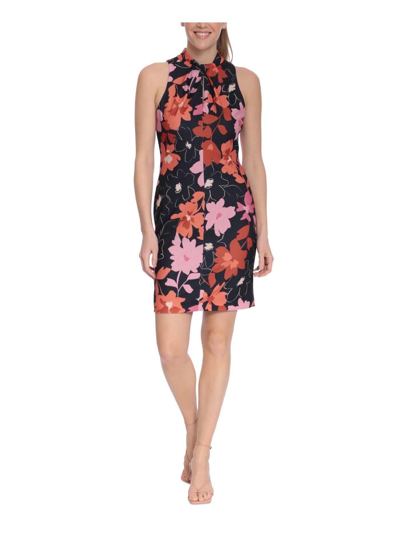 LONDON TIMES PETITES Womens Black Zippered Lined Twist Neck Floral Sleeveless Halter Above The Knee Party Sheath Dress Petites 4P