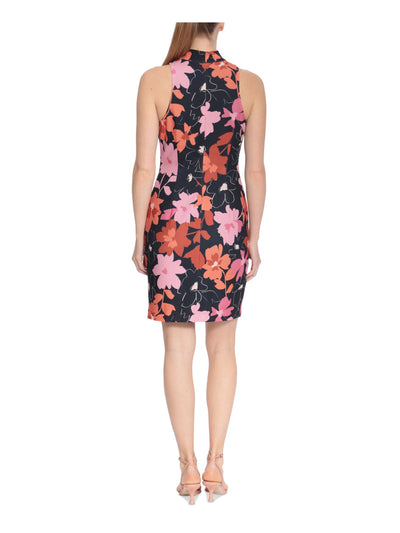 LONDON TIMES PETITES Womens Black Zippered Lined Twist Neck Floral Sleeveless Halter Above The Knee Party Sheath Dress Petites 4P