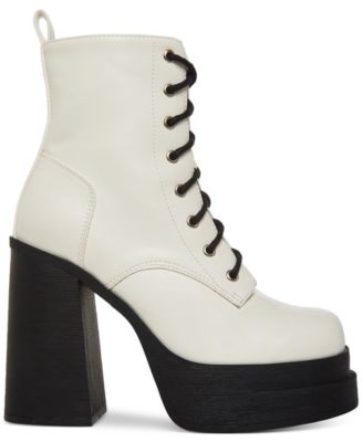 MADDEN GIRL Womens White 1-1/2" Platform Comfort Lace Driven Round Toe Block Heel Zip-Up Combat Boots 6.5 M