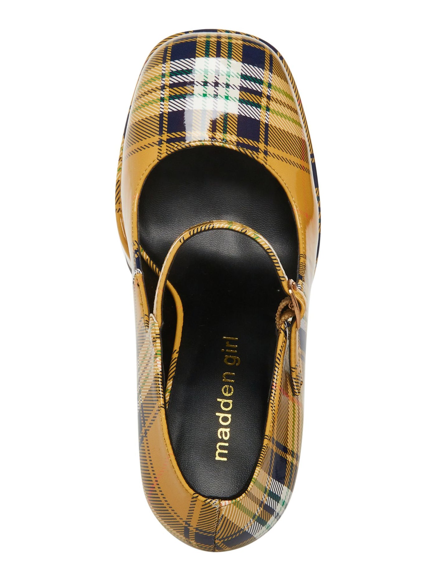 MADDEN GIRL Womens Yellow Plaid Pumps 2" Platform Padded Khloe Square Toe Sculpted Heel Buckle Dress Mary Jane 6.5 M