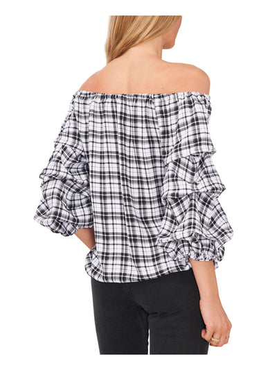 VINCE CAMUTO Womens Ivory Tie Elastic Waist Unlined Plaid 3/4 Sleeve Off Shoulder Top XL