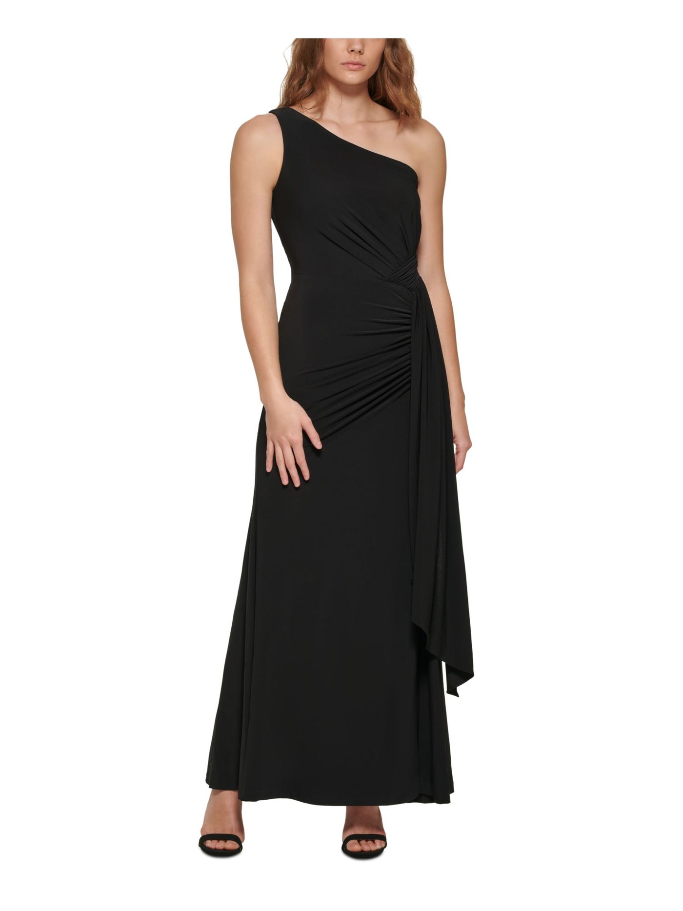 VINCE CAMUTO Womens Black Ruched Zippered Side Sash Slitted Lined Sleeveless Asymmetrical Neckline Full-Length Evening Gown Dress 8