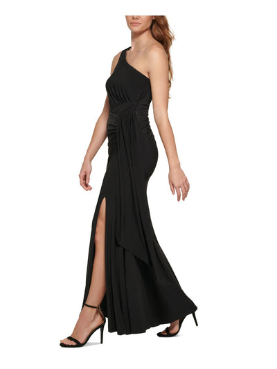 VINCE CAMUTO Womens Black Ruched Zippered Side Sash Slitted Lined Sleeveless Asymmetrical Neckline Full-Length Evening Gown Dress 10