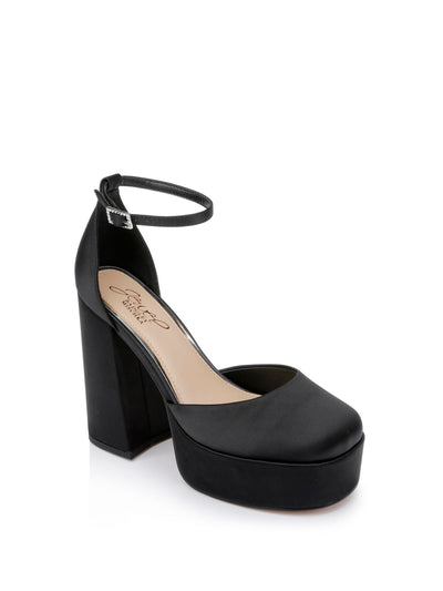 JEWEL BADGLEY MISCHKA Womens Black 1-1/2" Platform Ankle Strap Padded Giada Round Toe Block Heel Slip On Dress Pumps Shoes 8.5 M