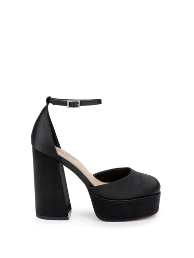 JEWEL BADGLEY MISCHKA Womens Black 1-1/2" Platform Ankle Strap Padded Giada Round Toe Block Heel Slip On Dress Pumps Shoes 8.5 M