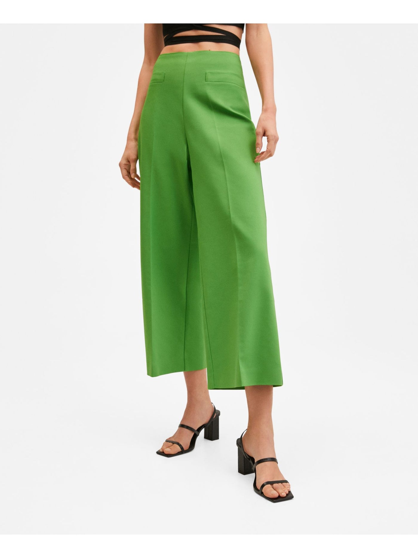 MNG Womens Green Cotton Blend Zippered Cropped Culottes Faux Pockets High Waist Pants 6