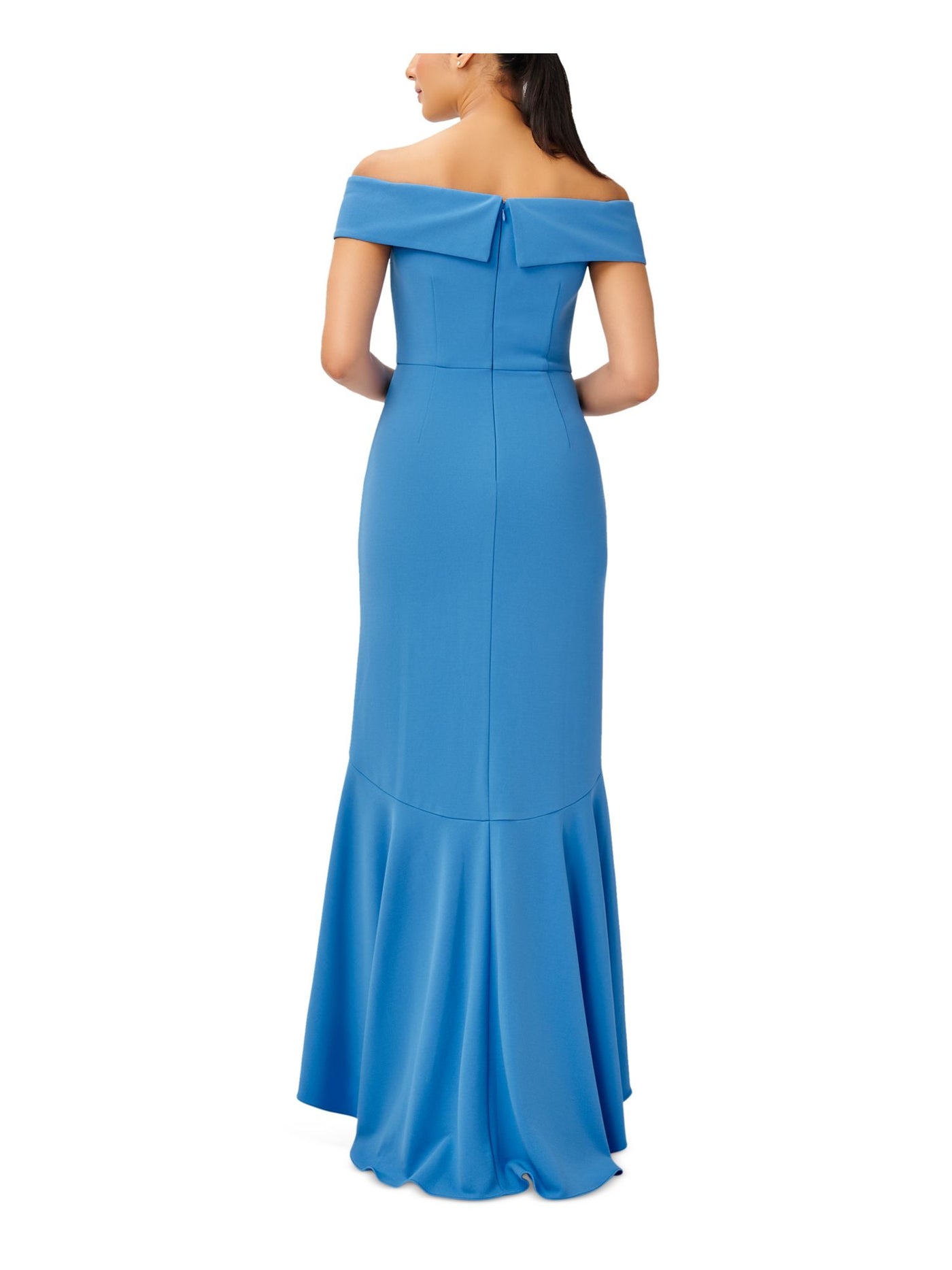 ADRIANNA PAPELL Womens Blue Zippered Ruffled Pleated Lined Hi-lo Hem Short Sleeve Off Shoulder Full-Length Formal Gown Dress 4