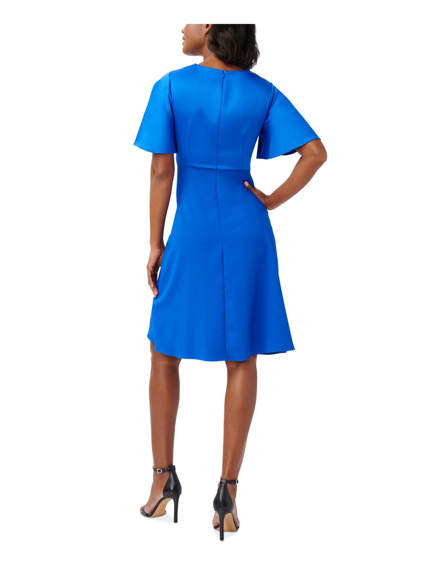 ADRIANNA PAPELL Womens Blue Pleated Zippered Flutter Sleeve Surplice Neckline Above The Knee Cocktail Fit + Flare Dress 4