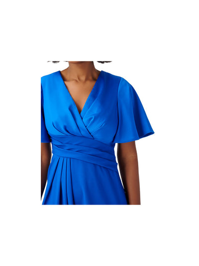 ADRIANNA PAPELL Womens Blue Pleated Zippered Flutter Sleeve Surplice Neckline Above The Knee Cocktail Fit + Flare Dress 4
